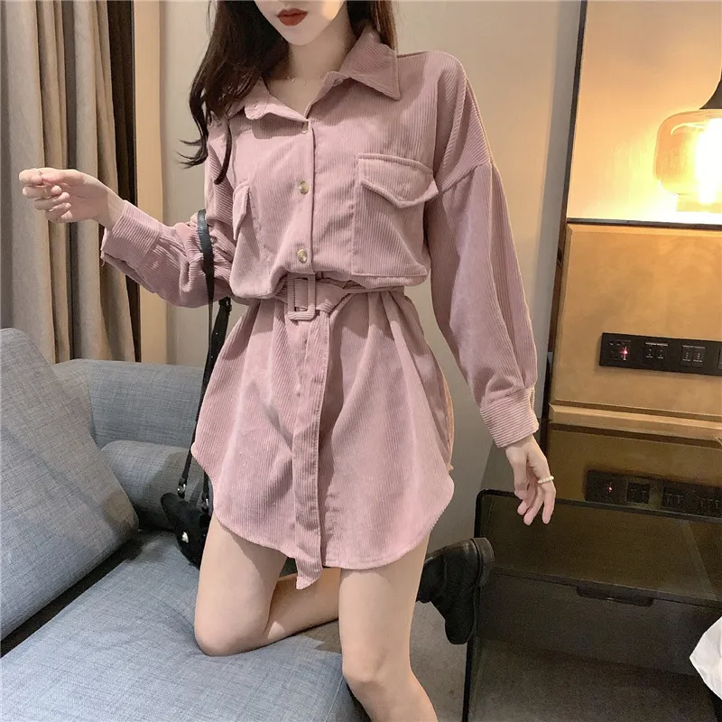 women velvet ivory pink solid turn down collar long sleeve full sleeve long shirt sash corduroy high street 210518