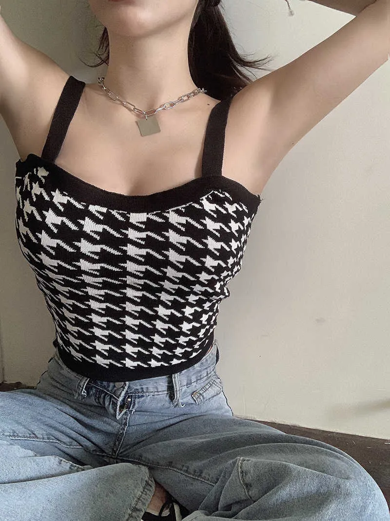 Houndstooth Ice Silk Gebreide Vest Camisole Dames Zomer Tube Top Sexy Korte Zwarte Binnen en Buiten Tank 210529