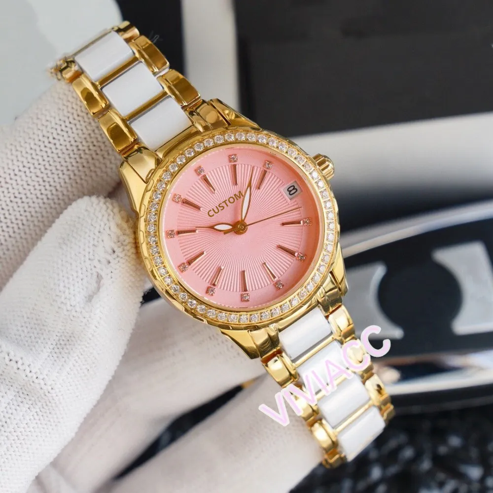 Fashion Women Automatic Mechanical ceramic watches Pink Blue dial clock Stainless Steel geometric cz diamond calendar Watch