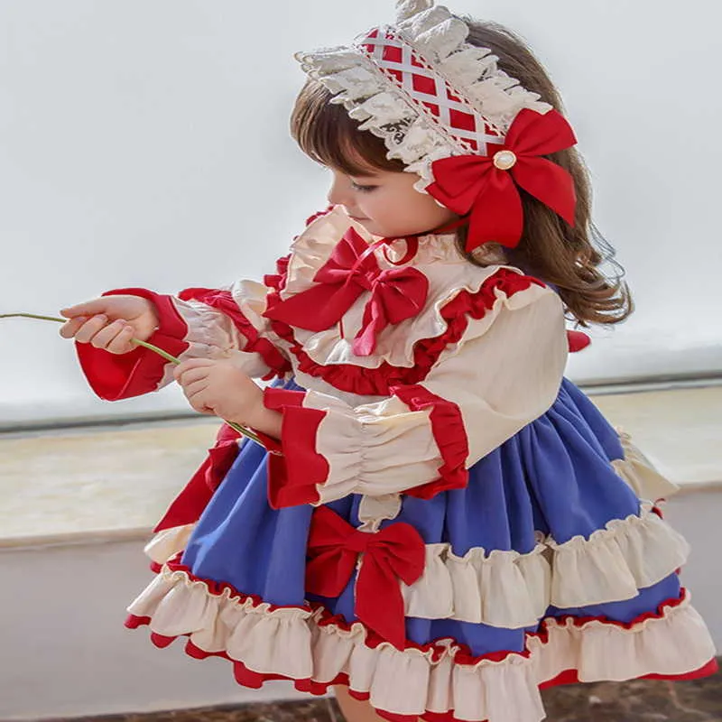 Frühling Teenager Mädchen Kleid Lolita Stil Peter Pan Kragen Rote Schleife Party mit Spitze Kopfbedeckung Kinder Kleidung E009 210610