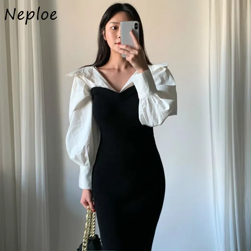 Elegante nep tweedelige patch hit kleur jurk vrouwen hoge taille heup zeemeermin slanke vestidos draaien kraag lange mouw gewaad 210422