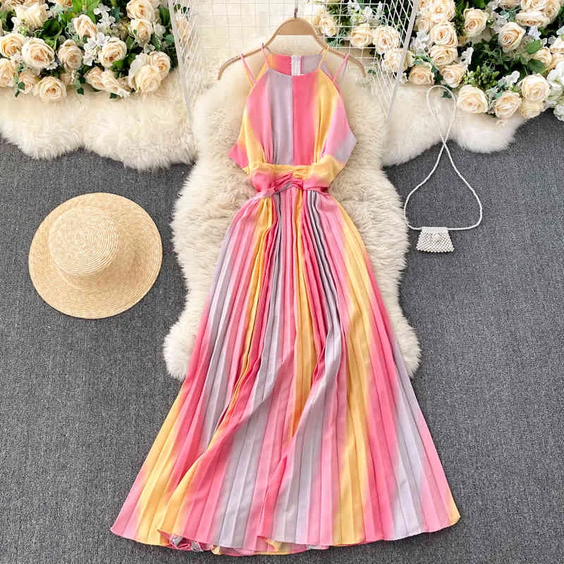 Spring Temperament Vestidos Feminine Strapless Sling Square Collar Rainbow Gradient Color Slimming Holiday Midi Dress C361 210507