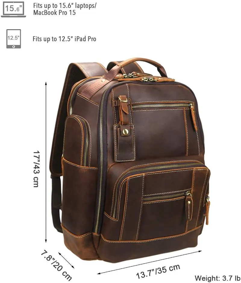 Backpack For Men's Vintage Full Grain Leather 15 6 Inch Laptop Daypack Large Capacity Business Camping Travel 24L Rucksack189B