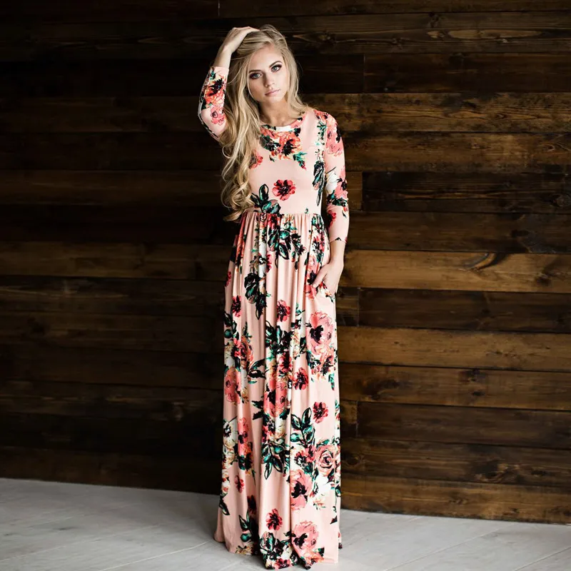 Hög midja golvlängd Svartvit Kvinnor Vår Långärmad Blomma Print Chiffon Dress 2966 50 210417