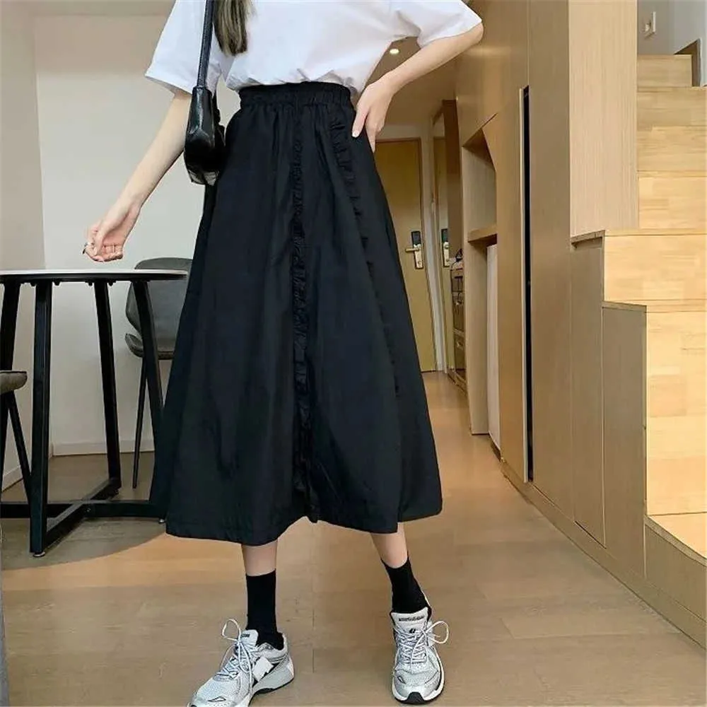 Zoete Japanse gegolfde geplooide rok vrouwen hoge taille BF losse casual lange rok zwart witte zomer wilde student streetwear 210619