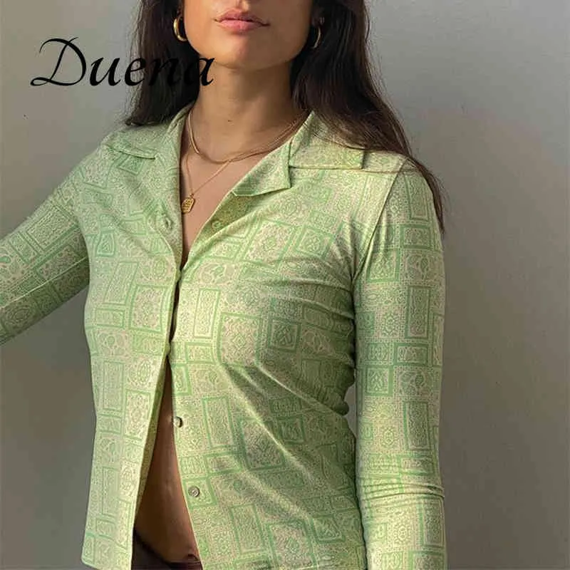 Duena Gedrukt Lange Mouwen Groene Y2K Button Up Dames Kleding Vrouwen 2021 Sexy Schede Vintage Esthetische Kraag T-shirt Y0508