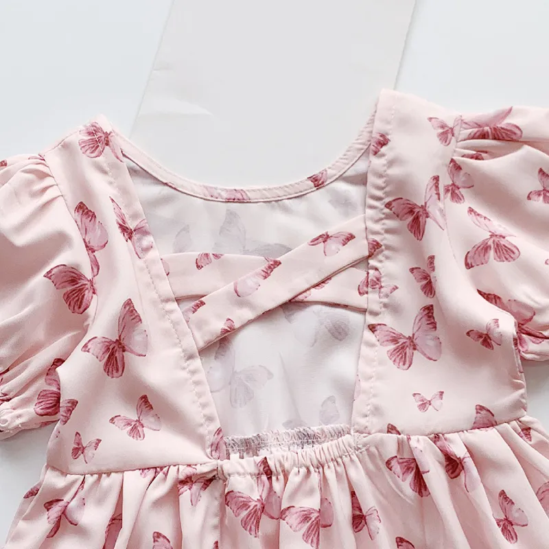 Meninas vestido estilo coreano princesa rosa borboleta verão de manga curta crianças 210515