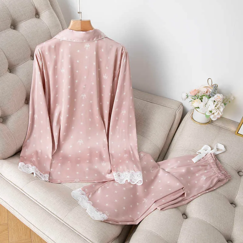 Casa Verão Verão Dois Peça Terno Pijama Gelo Silk Cetim Fino Outwear Imprimir Lace Pajamas Sleep Wear Lounge Set 210809