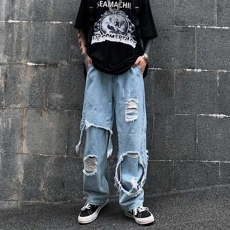Nep tweedelige broek streetwear hoge taille gat jeans losse rechte wijde been damesmode 210615