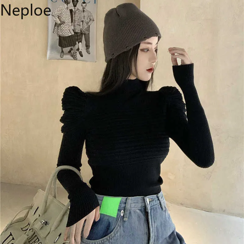Neploe Fashion Pleated Sweaters for Women Elegant Puff Sleeve White Slim Tops Korean Turtleneck Sweater Jumper Fall Clothes 211011