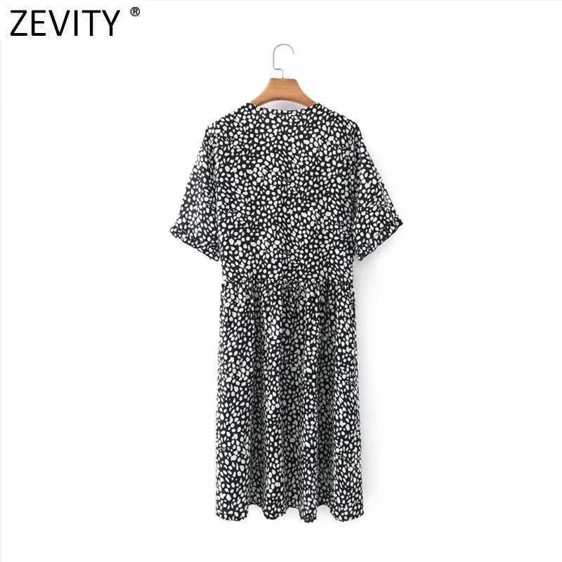 Zevity Kvinnor Vintage V Neck Leopard Tryck Breasted Mini Dress Chic Kvinna Kortärmad Dubbelfickor En Linje Vestido DS5009 210603