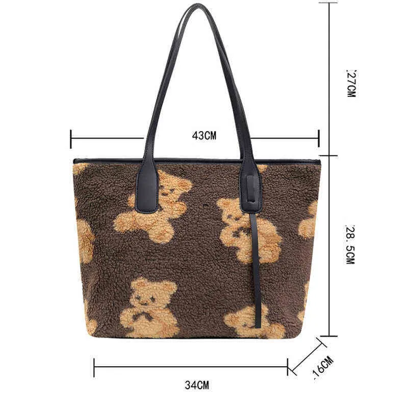 Axelväskor Tote Winter Plush For Women Cute Bear Large Capacity Female Designer Handbag Fashion Big Shopping 1122