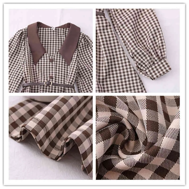 Franse retro plaid jurk vrouwen turn-down kraag lange mouw knop jurk herfst Korean College stijl A-lijn korte jurk 210419