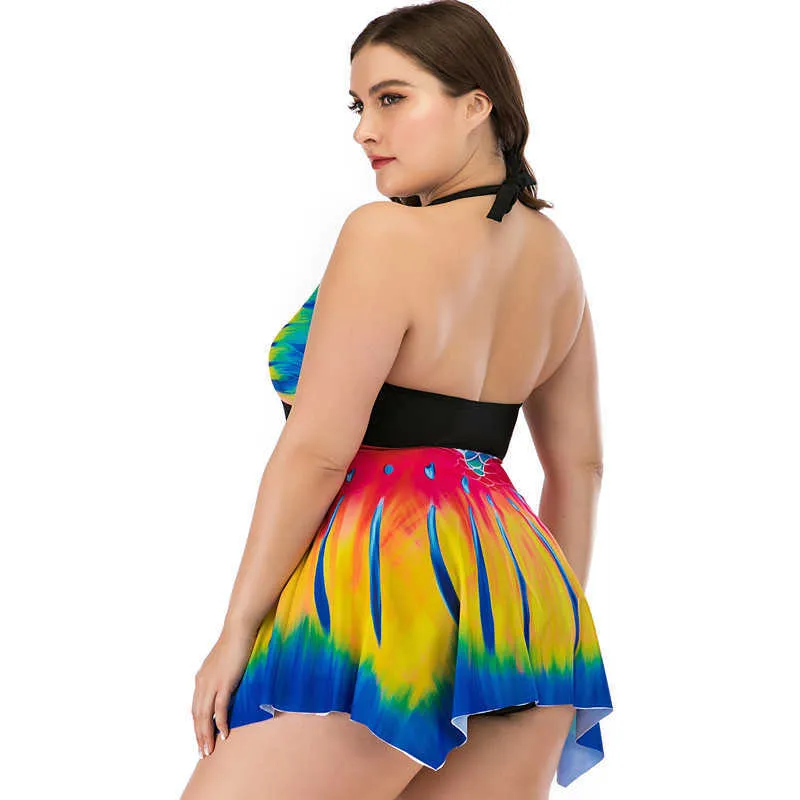 Imprimir roupa de banho Mulheres Plus Size Tummy Control Swimwear Feminino Tankini Vestido Curto Dois Peças Biquini Summer Biquini 5xL 210604