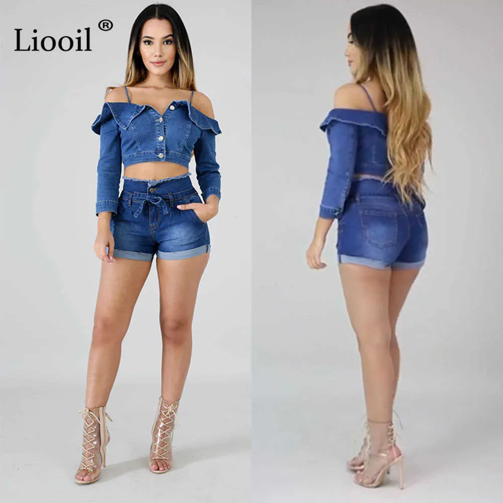 Liooil Casual Blue Denim High Waist Shorts Women Clothes Streetwear Cotton Lace-Up Sexy Slim Rave Jean With Pockets 210719