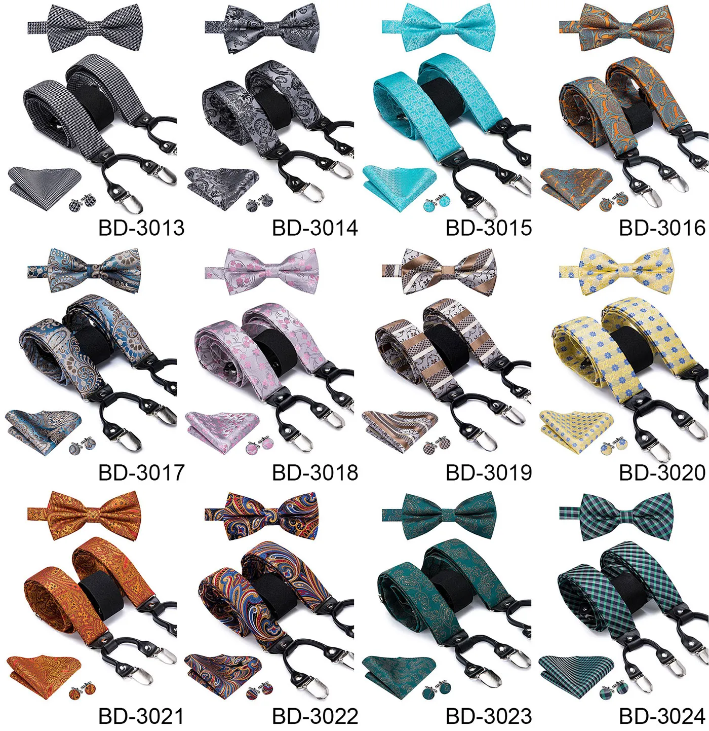 Suspensórios masculinos adultos de seda de luxo, couro, metal, 6 clipes, suspensórios masculinos, festa de casamento, gravata borboleta e suspensórios elásticos vintage masculinos