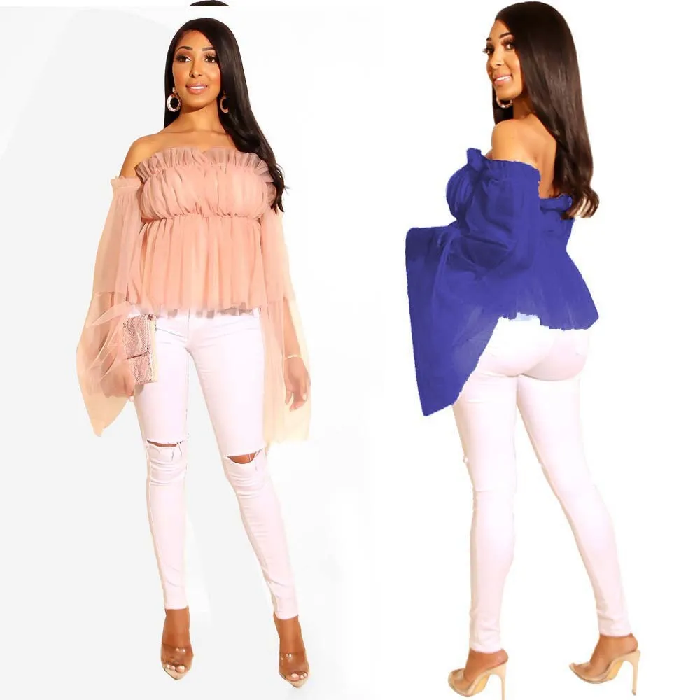 Women's Summer Fashion Mesh Top Sexy One Shoulder Long Sleeve Waist Shirts Pink Blue Casual Transparent Autumn Arrival 210416