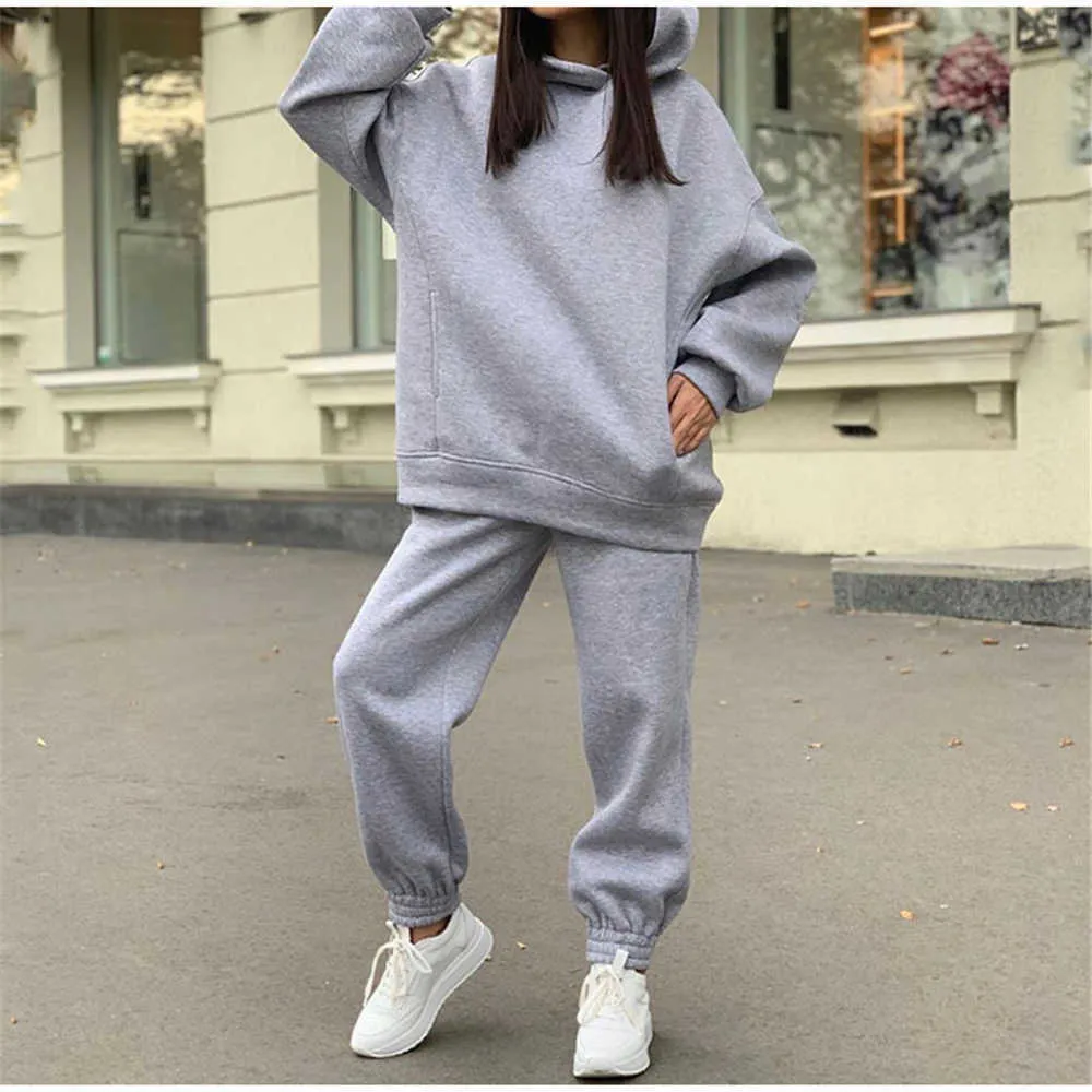 Dailou två bitar Tracksuit kvinnor sätter överdimensionerade hooded långärmad hoodie kostym vårhöst casual solid sport byxor set 210930