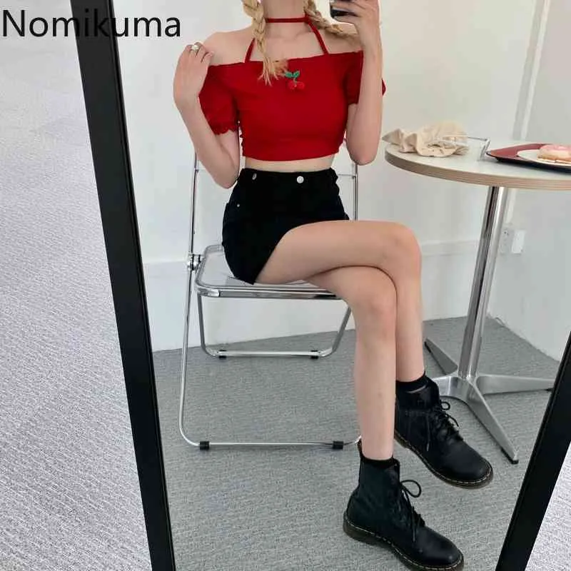 Nomikuma Estate Crop Top Donna 3D Cherry Design Maglietta a maniche corte Slim Fit Magliette a vita alta Stile giapponese Dolce Camisetas 210514