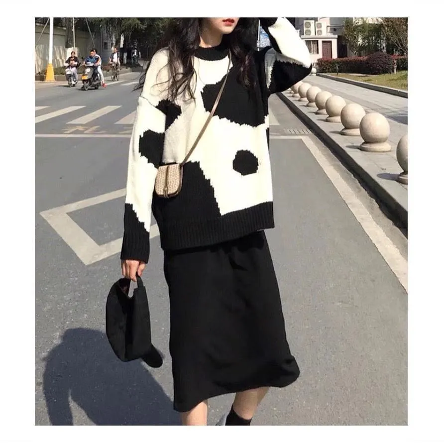 Pulls Femmes Harajuku Tricoté Style Coréen Streetwear Lait Vache Pull Imprimé Tout-Match Lâche Modis 210519