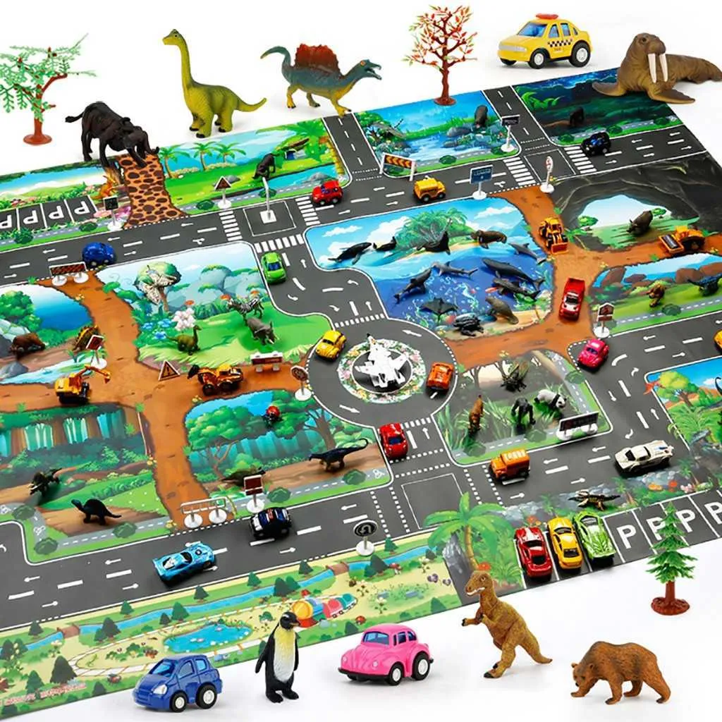 Tappetino da gioco bambini Dinosaur World Parking Map Game Scene Map Giocattoli educativi Tappeto bambini educativo nella scuola materna Arrampicata 210724