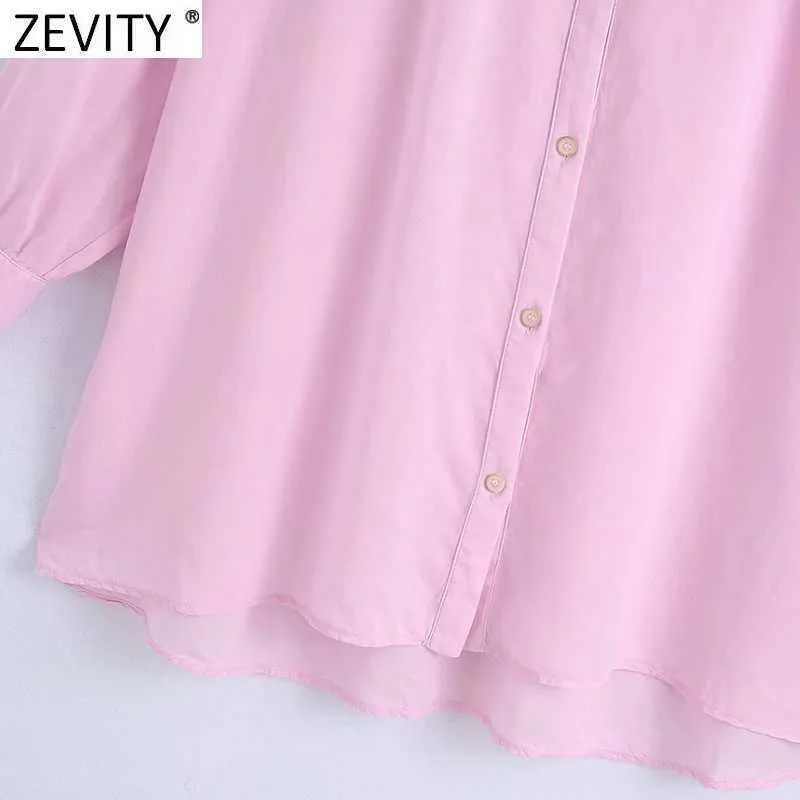 Zevity Frauen einfach rosa Farbe Oversize-Shirts weibliche Rückenfalten Sonnencreme Sommerbluse Roupas Chic Button Chemise Tops LS9369 210603