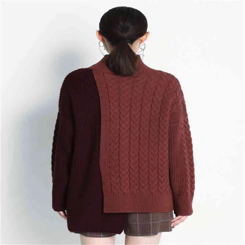 Women Knit Half High Collar Sweater Personality Minima List Hem Asymmetric Hit Color Ladies Pullover Loose Outer Wear Top 210515