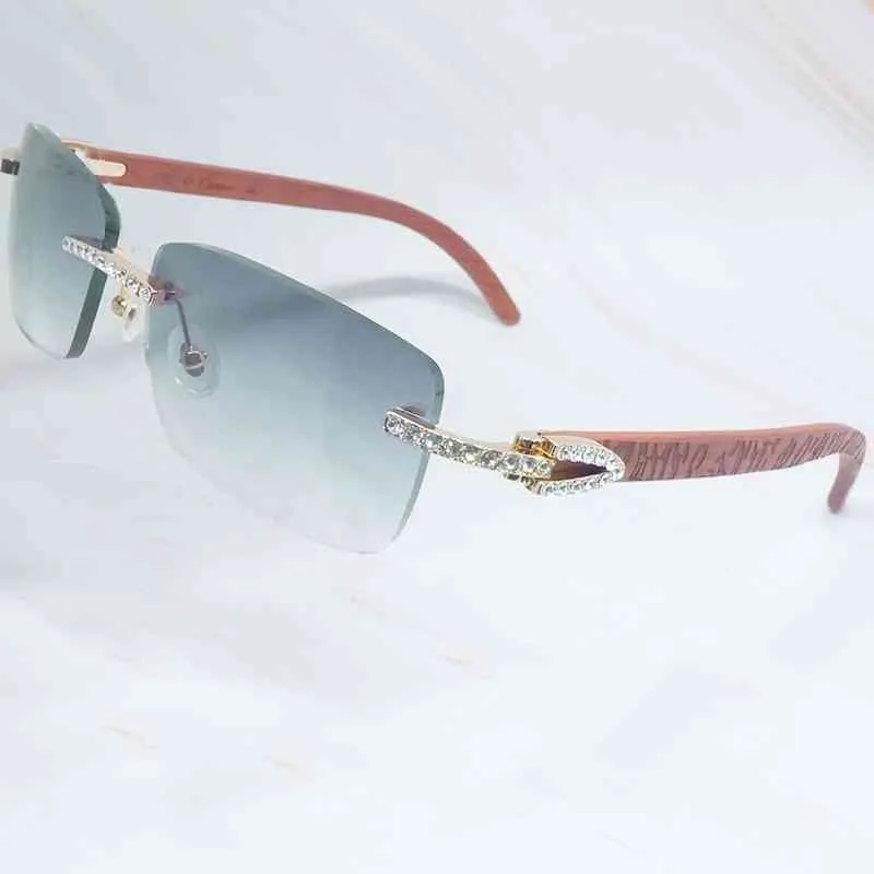 2024 FADE OFF UIT LUXE Designer Nieuwe heren- en dames zonnebril van houten mannen Strass Rimless Square Color Craved Wood Shades Iced Out Decoration Eyewear