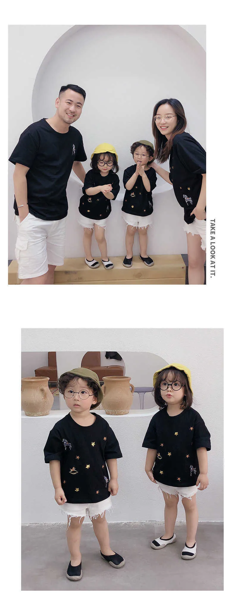 zomer katoen sequin geborduurde korte mouwen ouder-kind T-shirt familie outfit matching 210701