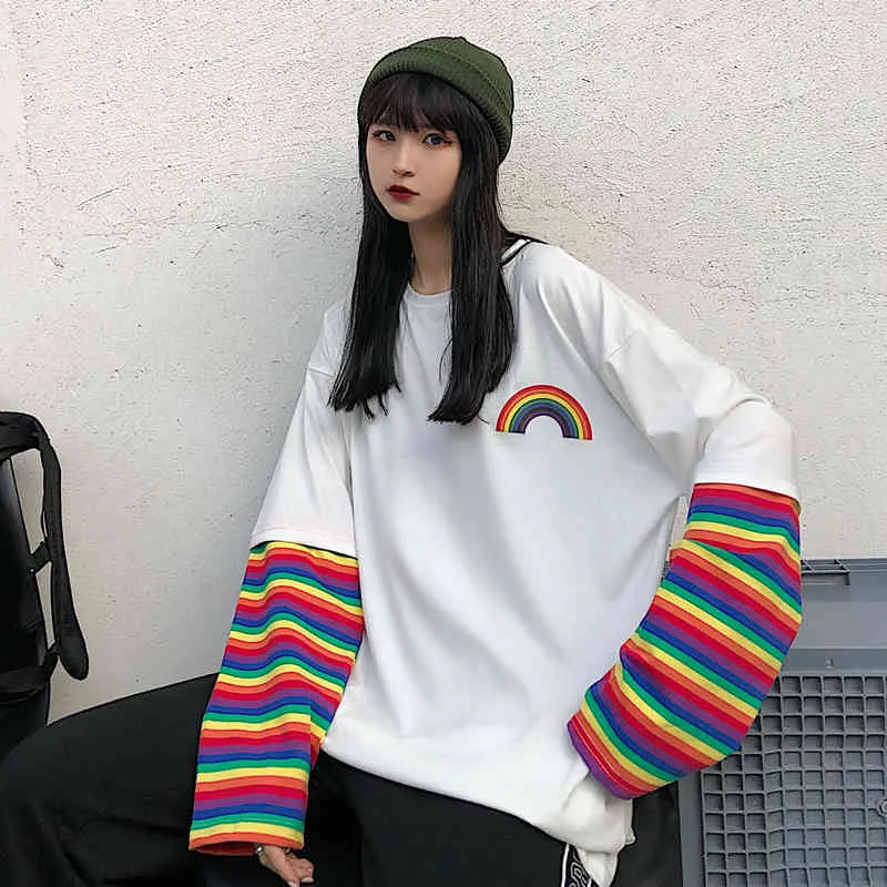 Streetwear Japanese Harajuku Rainbow Striped T Shirt Kvinnor Patchwork Toppar Fake T-shirts Tjejer Tees 210519