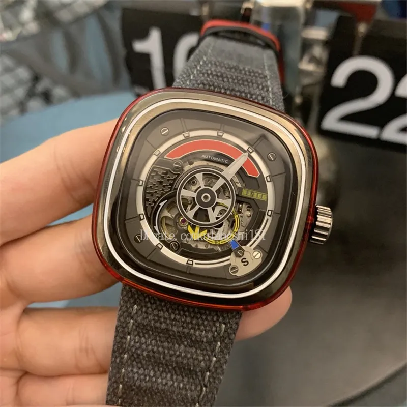 Moda erkek klasik izle yedi otomatik içi boş mekanik gündelik adam cuma izler gerçek deri kare kol saati montres r280p