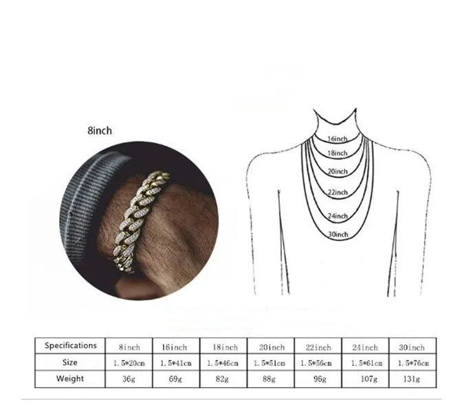15 mm 8–30 Zoll lange Halskette in drei Farben, personalisierbar, Gold, Silber, Hip Hop, Bling-Diamant, kubanische Gliederkette, Halskette für Männer, Miami Rapper 310I
