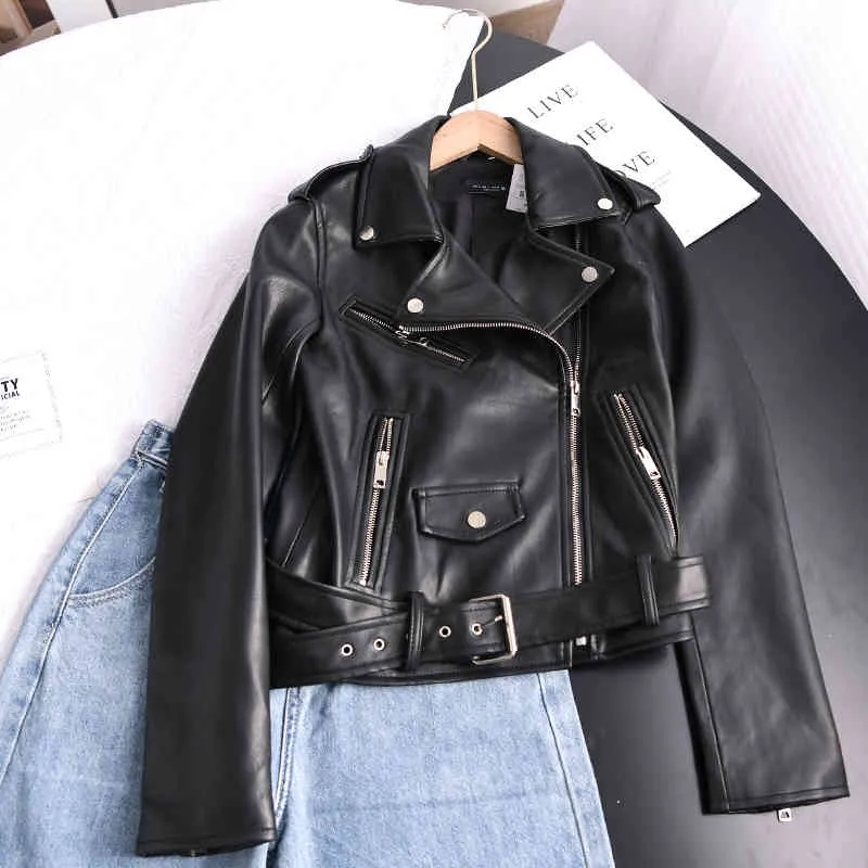 Ailegogo printemps automne veste courte en Faux cuir souple avec ceinture femmes revers Pu manteau noir fermeture éclair Moto Biker vêtements d'extérieur