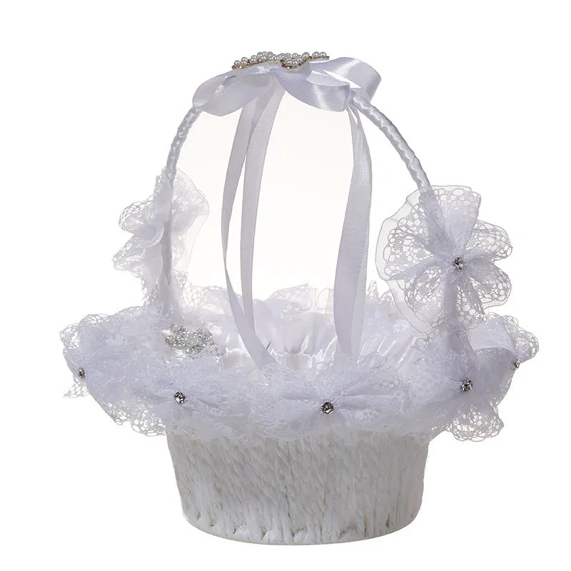 Artisanat blanc perle strass grand arc panier de fleurs fournitures de mariage fleur fille panier mariage mariée Portable fleur panier 3814214