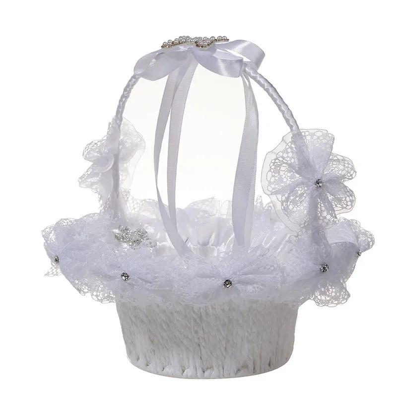 Crafts White Pearl Rhinestone Big Bow Flower Basket Wedding Supplies Flower Girl Basket Wedding Bruid Portable Flower Basket4316599