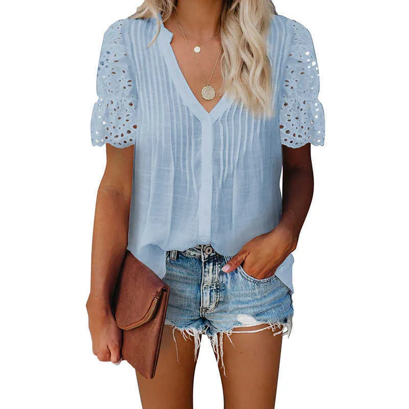 Women V-Neck Top Summer Casual Solid Color Pleated Lace Stitching Short Sleeved Tshirt Elegant Office Loose Hollow Out Clothes Y0621