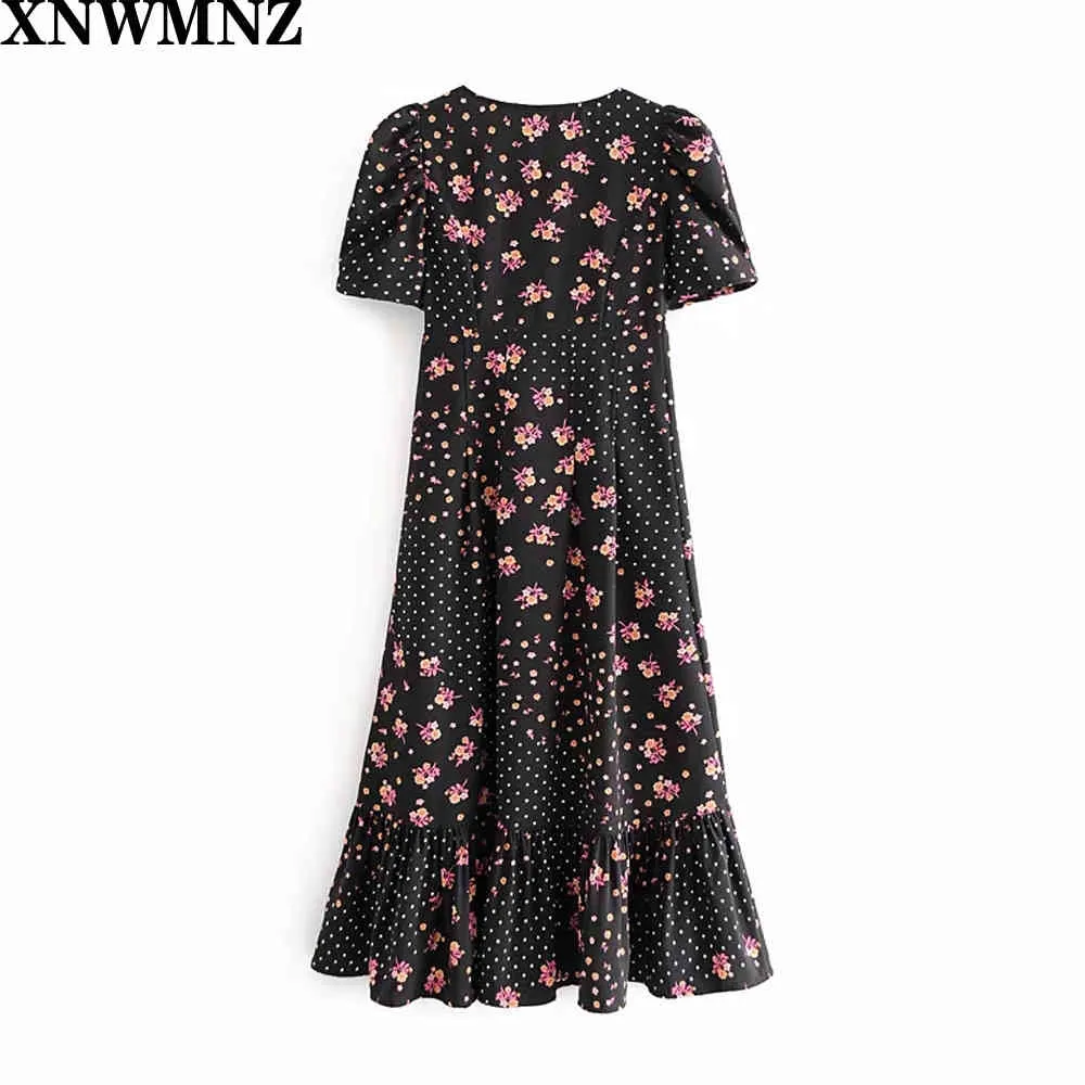 Sweet vintage-inspired stretch poplin midi dress featuring mixed floral dot print Angled neckline delicate ruffles puff sleeve 210510