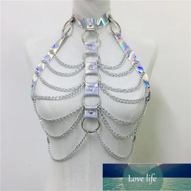 Fashion Holographic Two Piece Set Body Harness Sexy Metal Chains Top Waist Bondage Belt Party Night Club Rave Festival Outfits Fac270w