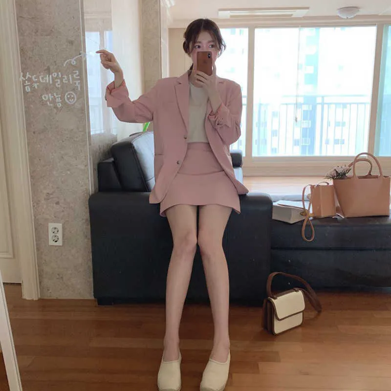 eDressU Mujer Blazer Chaqueta Falda Oficina Trajes de color rosa Coreano de dos piezas de un solo pecho Business Outwear ZX-6 210730
