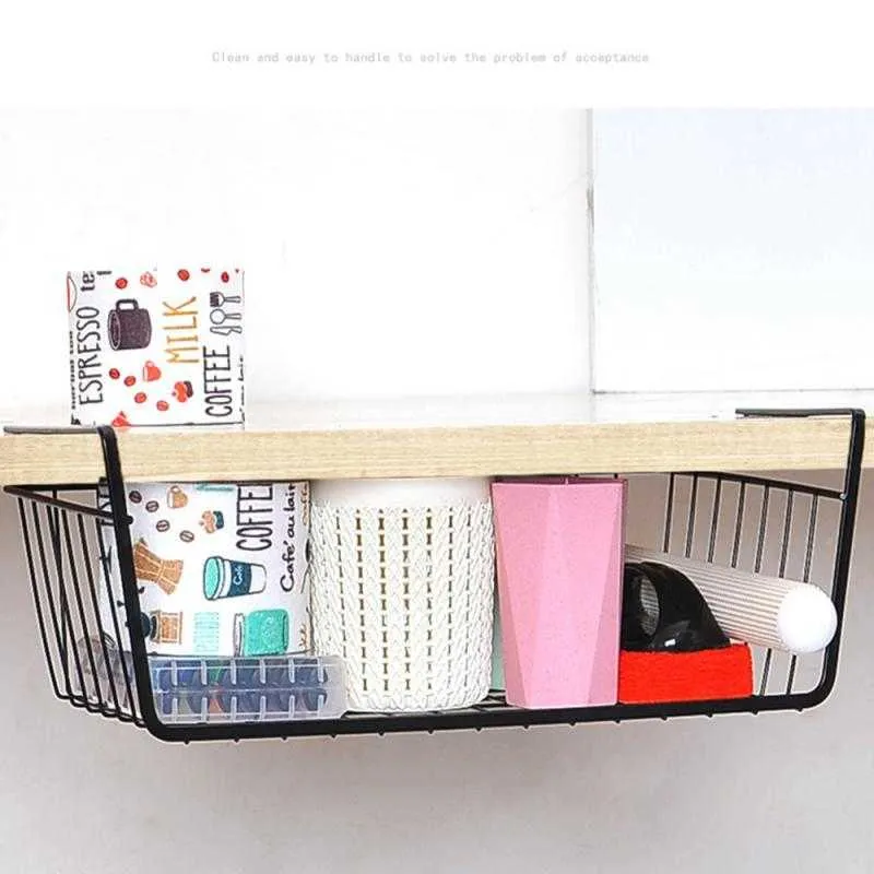 Iron Mesh Shelf Basket Cupboard Cabinet Door Organizer Rack Closet Holders Hanging Under Shelf Storage Basket Rack Organizer 210705