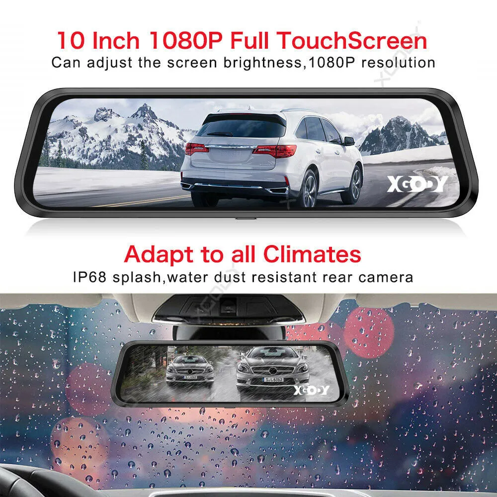 XGODY – caméra de tableau de bord de voiture dvr, 10 pouces, miroir, enregistreur vidéo 1080P, flux multimédia, Dashcam, double objectif, Mode parc + câble