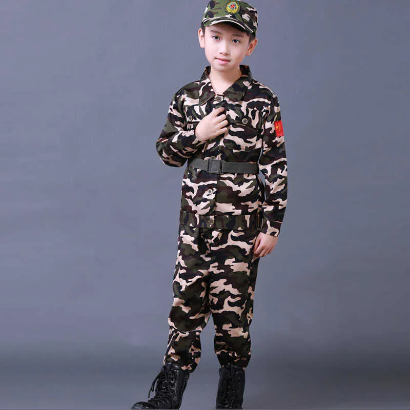 Novo Dia das Bruxas Fantasia Crianças Soldado do Exército Cosplay Trajes Uniforme Militar Meninos Camuflagem Combat Treinamento Jackets 100-180cm Q0910