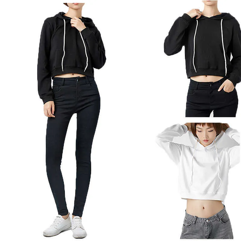 Kvinnor Plain Hoodies Crop Top Solid Färg Långärmad Dam Hooded Pullover Sommar Höst Mode Tjej Sweatshirts Kläder 210805