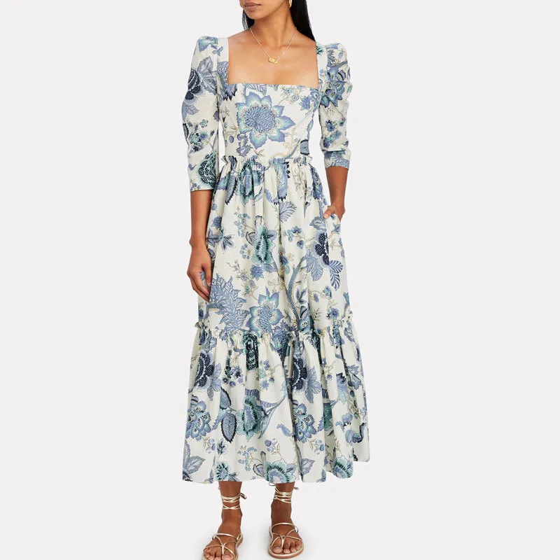 INSPIRADO BLUE HILL floral midi vestido manga de hojaldre verano con volantes popelina de algodón elegante damas chic mujeres 210412