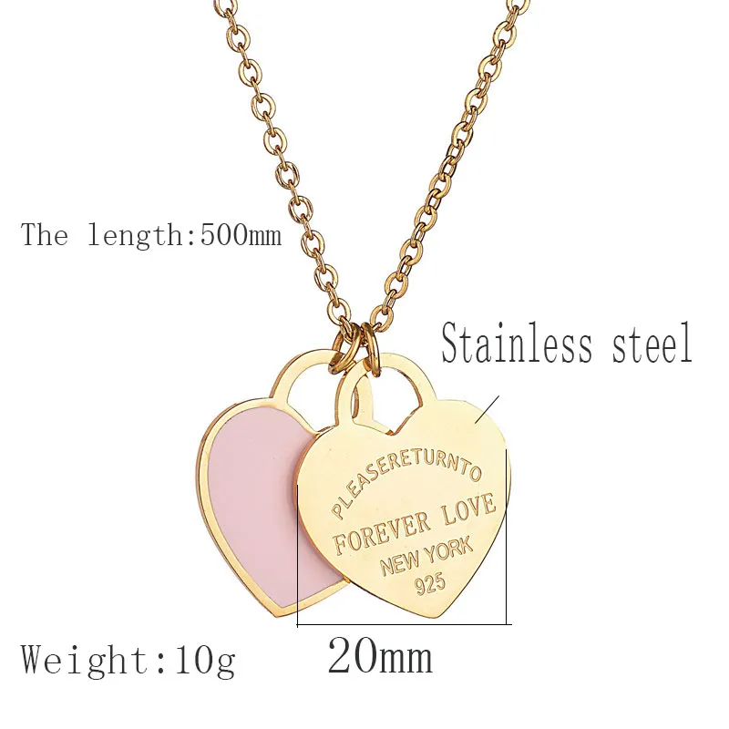 Fashion Accessories Enamel Double Heart Pendant Stainless Steel Necklace FOREVER LOVE Letter Necklace Wedding Gift236p