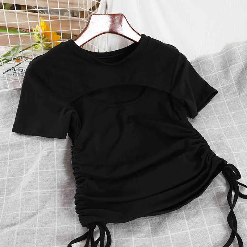 Kimutomo o pescoço manga curta t-shirt feminino verão coreano moda meninas oca out cordão selvagem sólido tops casual 210521