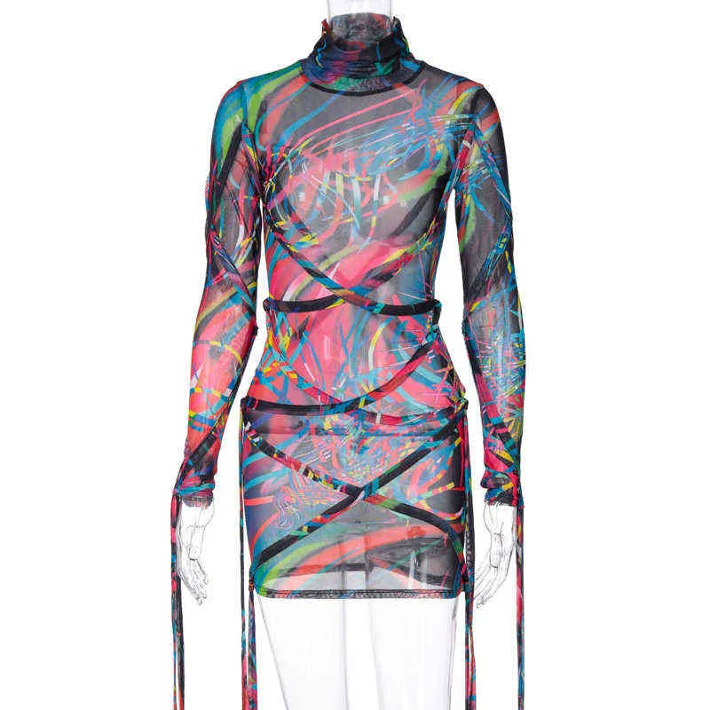 Hugcitar 2021 Uzun Kollu Balıkçı Yaka Şerit Baskı Bandaj Örgü Mini Elbise İlkbahar Yaz Kadın Moda Streetwear Giyim Y1204
