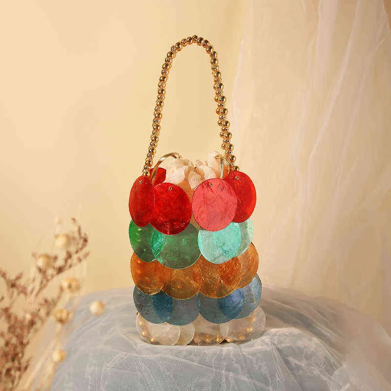 Alışveriş torbaları tasarımcı lüks kadınlar saf doğal kabuk gevreği altın boncuk zincir dokuma çanta akşam debriyaj kadın tatil çanta 220303
