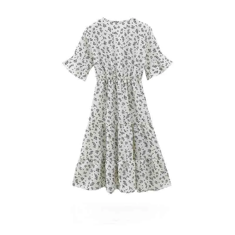 Kimutomo Sweet Floral Dress Summer French Style Elegant V-neck Short Flare Sleeves Slimming High Waist Chiffon Vestidos Fashion 210521
