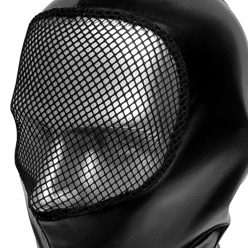 PU Deri Unisex Hood Maskeleri ile Yüz Mesh Patchwork Erkek Başlık Roleplay Cadılar Bayramı Cosplay Kostüm Aksesuarları Siyah